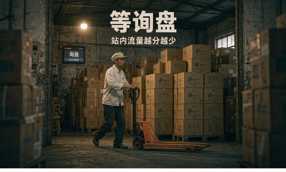 出口工厂车间门口，工人推着液压叉车往外走，墙上的询盘提醒还亮着