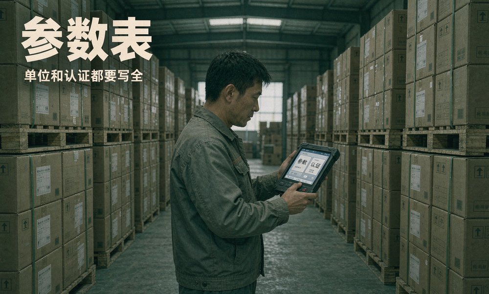 仓库管理员拿着手持终端核对出口纸箱的参数与认证信息，字段一项都不能空