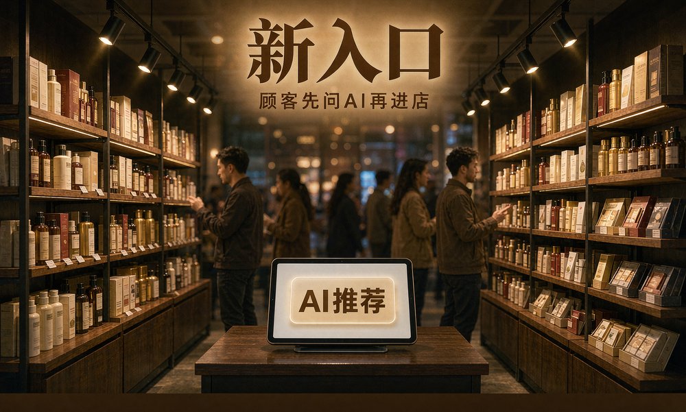 零售门店收银台上的平板亮着AI推荐卡片,顾客先问AI再进店的新入口正在成形