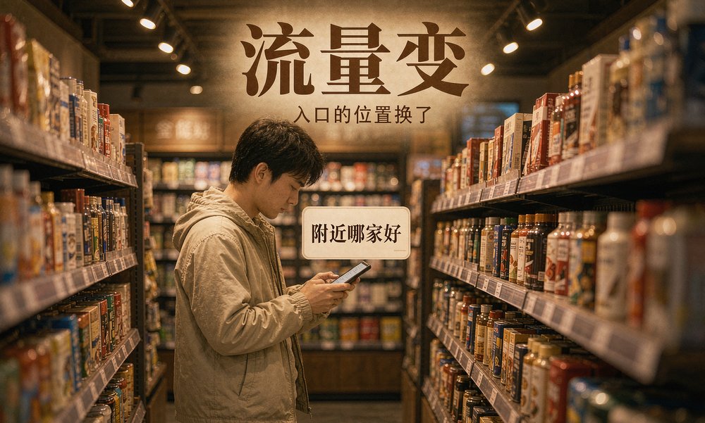 顾客站在货架间低头问手机附近哪家好,零售流量的入口位置真的换了