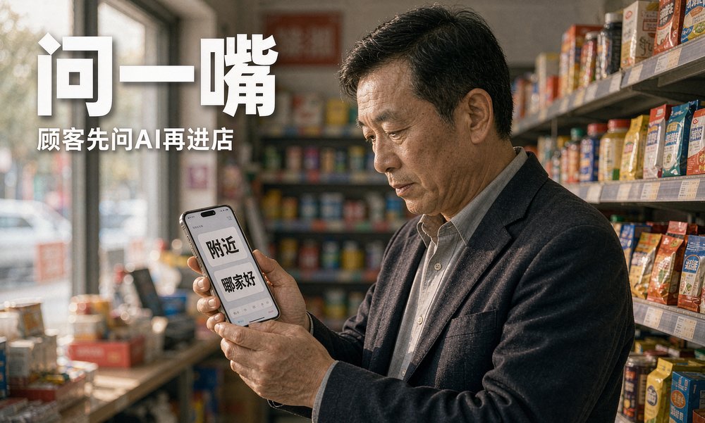 社区店主低头刷手机,屏幕上正是顾客常问的附近哪家好,本地生意的新入口就在这块屏上