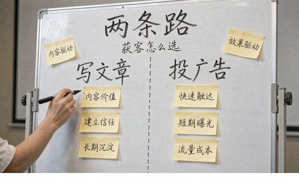 教研负责人在白板上把写文章和投广告两条获客路并排写下来，旁边贴满便签