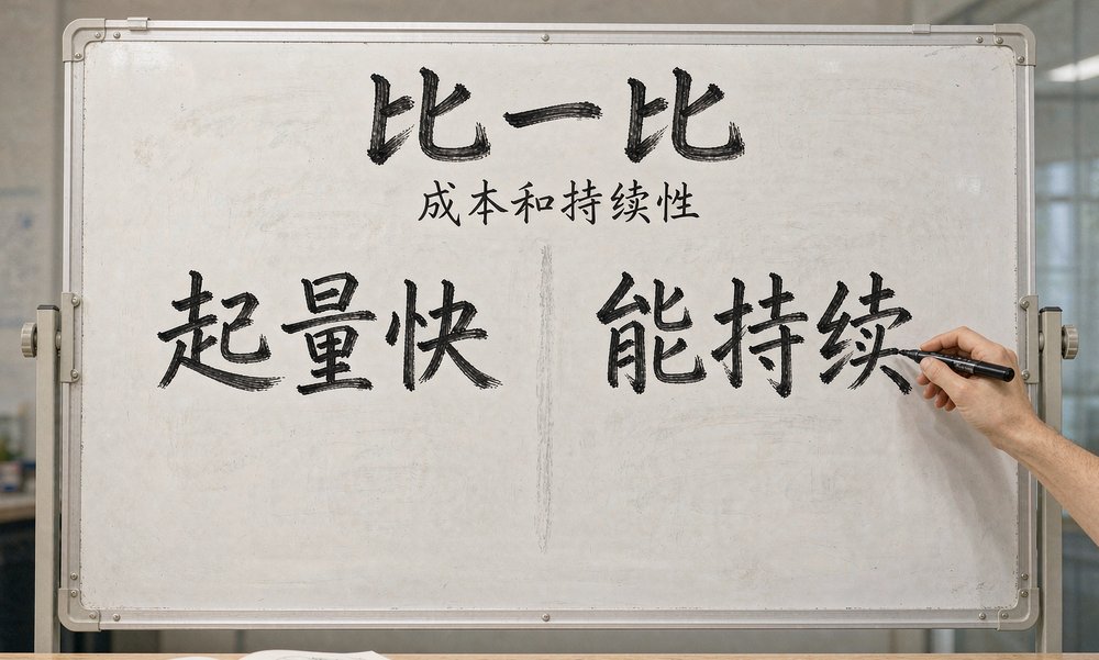 白板中央写着起量快和能持续，知识付费选渠道先看这两条