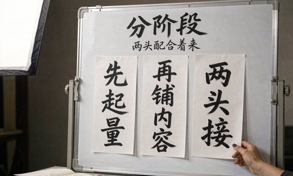 白板上贴着先起量、再铺内容、两头接的便签，教育机构的分阶段打法一目了然