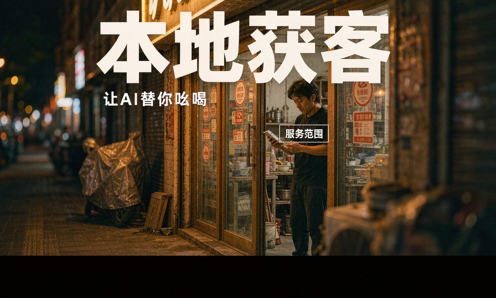 夜色里的社区小店店员核对手机的服务范围信息,本地获客多了一个 AI 入口