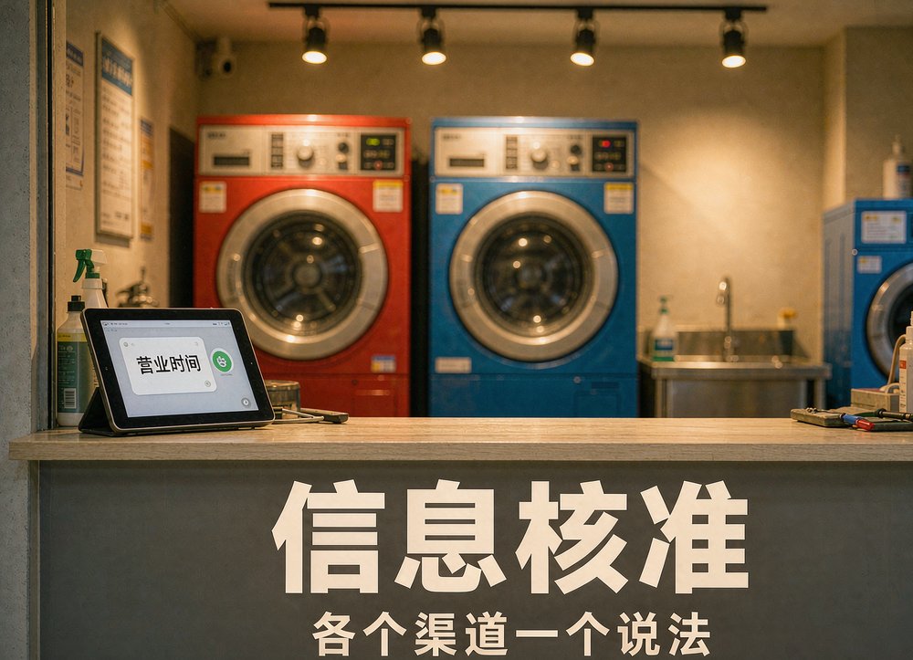 洗衣店前台平板上核对营业时间,营业信息核准是门店获客的基础一步