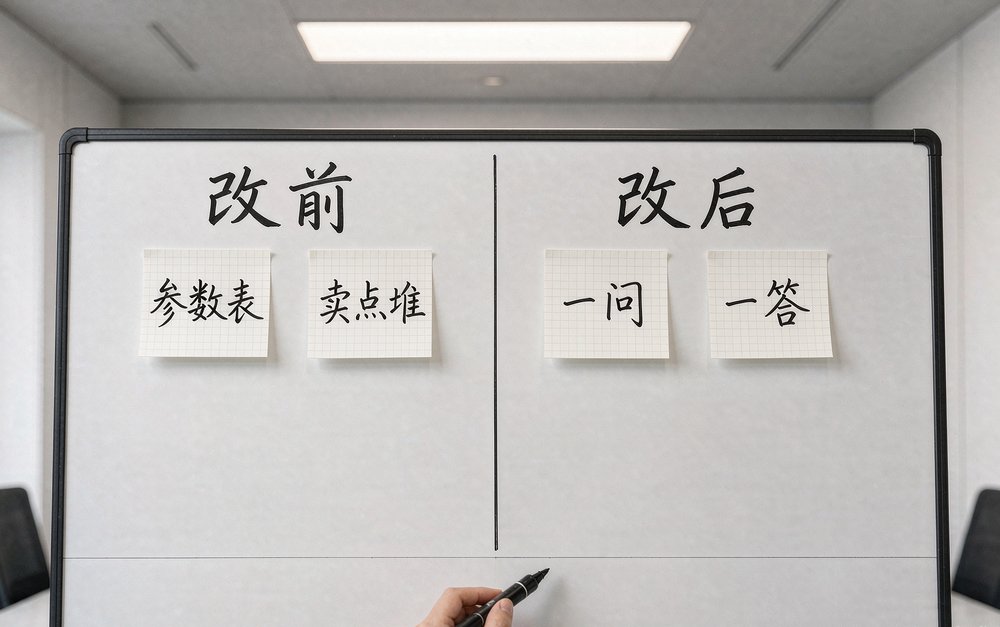 改版前后对比写在白板上:参数表换成一问一答,用户问法成了主线