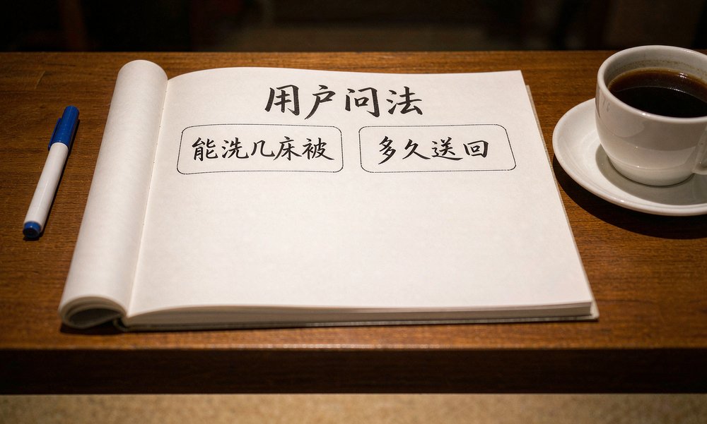 本子上记下用户问法:能洗几床被、多久送回,详情页照着问题写答案