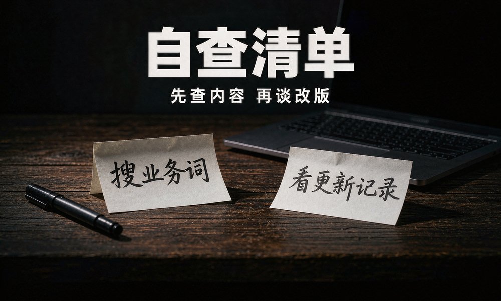 自查清单贴在案头:搜业务词、看更新记录,判断官网该走哪条路