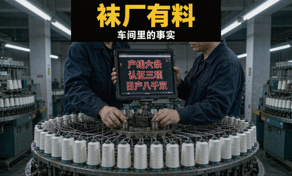 诸暨袜业带的车间主管在织袜机旁用工业平板核对产线、认证等AI搜索优化资料