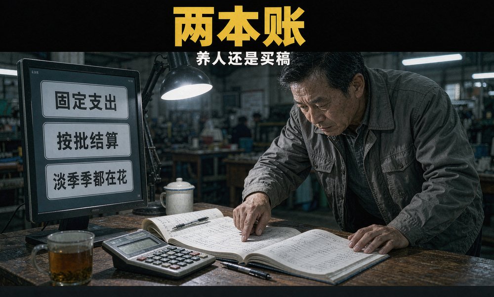 诸暨袜业带一家袜厂的厂长在办公室里算自建与外包的两本账