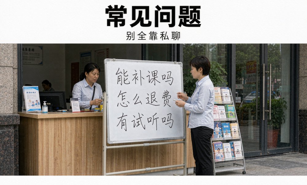 机构前台把退费、补课、试听写成常见问题立牌,不用全靠私聊