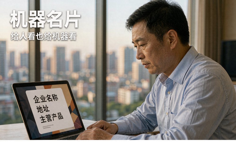 企业主在笔记本上核对官网给机器看的信息名片,也就是结构化数据