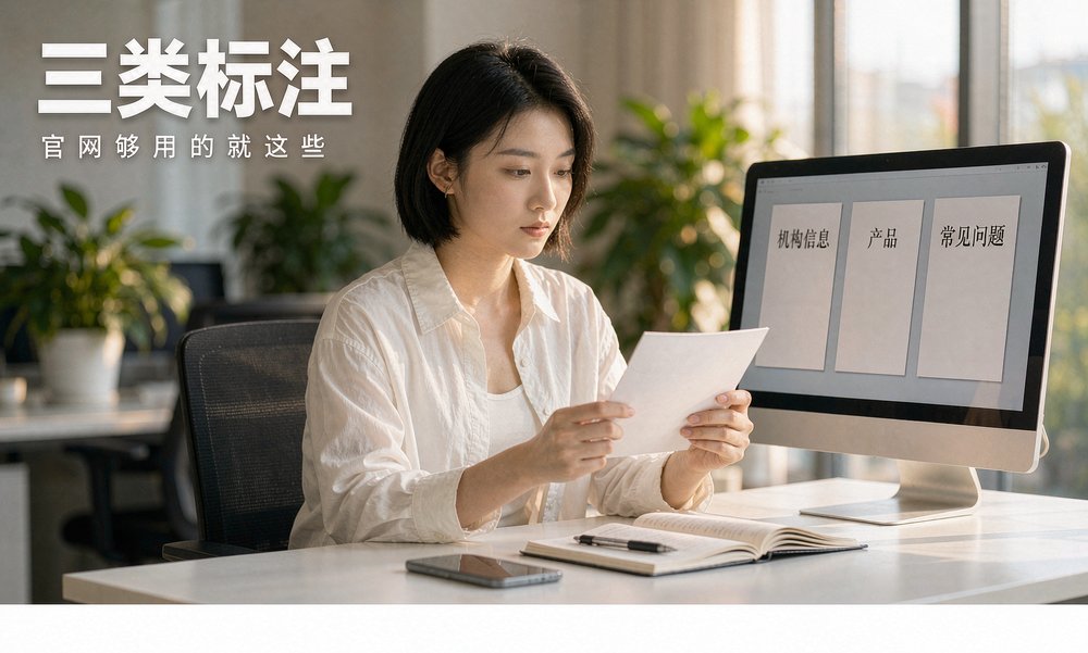 职员按机构信息、产品、常见问题三类核对官网的结构化数据标注