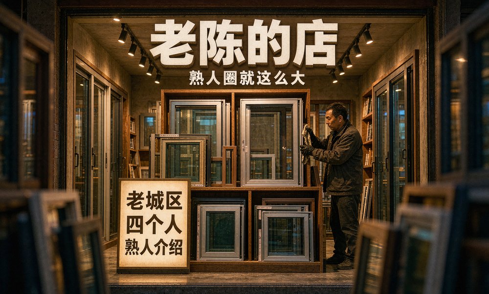 老城区门窗店店主在样品间擦门框,生意一直靠熟人介绍
