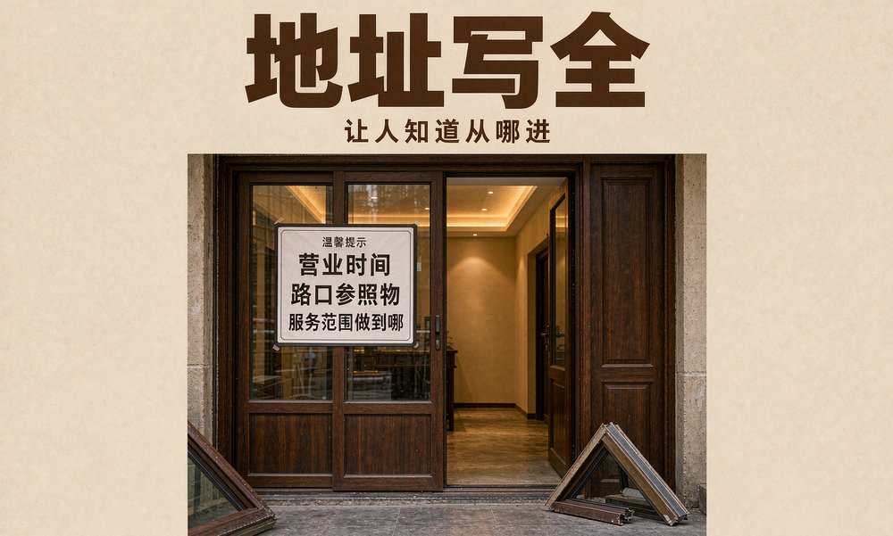 门窗店把营业时间和门店地址写成完整句子贴在门口,方便AI搜索识别