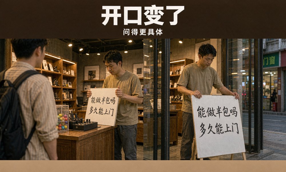 店主在门口摆出常见问题立牌,来问的人开口更具体