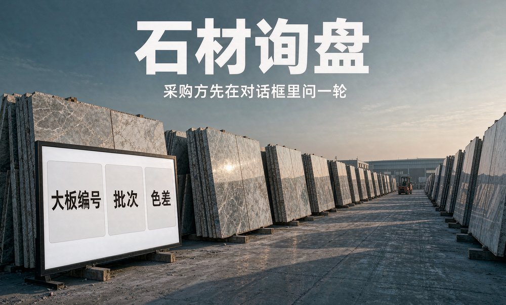 福建省泉州市南安市水头镇石材加工产业带的堆场上,工人与叉车在成排大板间作业,规格与批次信息是采购方最先问的内容