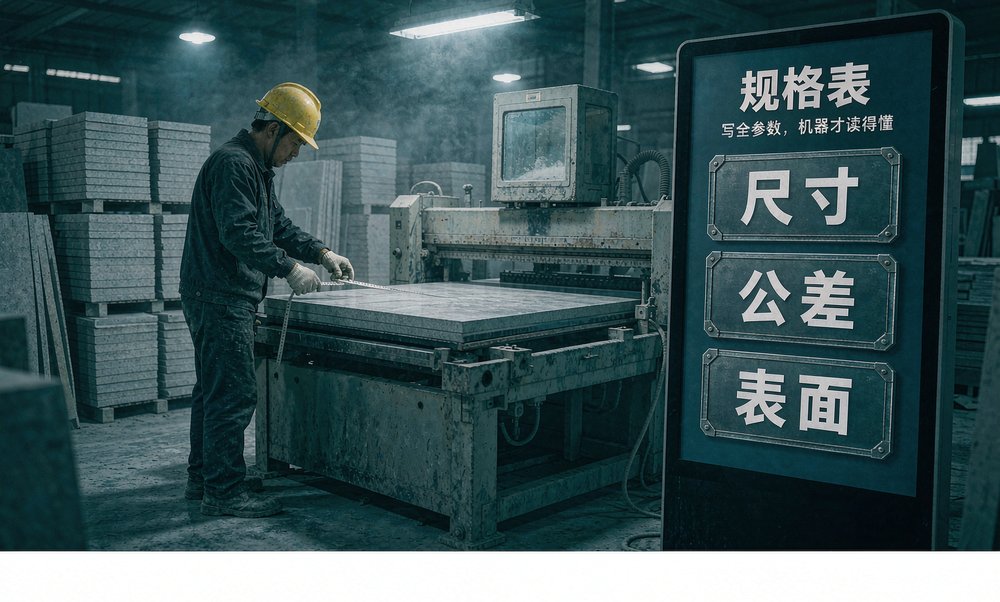 南安水头石材厂的师傅用卷尺复核规格板尺寸,尺寸、公差与表面处理写全,机器才读得懂