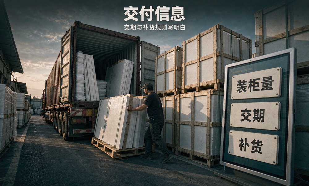 南安石材厂装柜区里,工人把木架固定的板材推入集装箱,装柜量与交期是工程采购最关心的交付信息