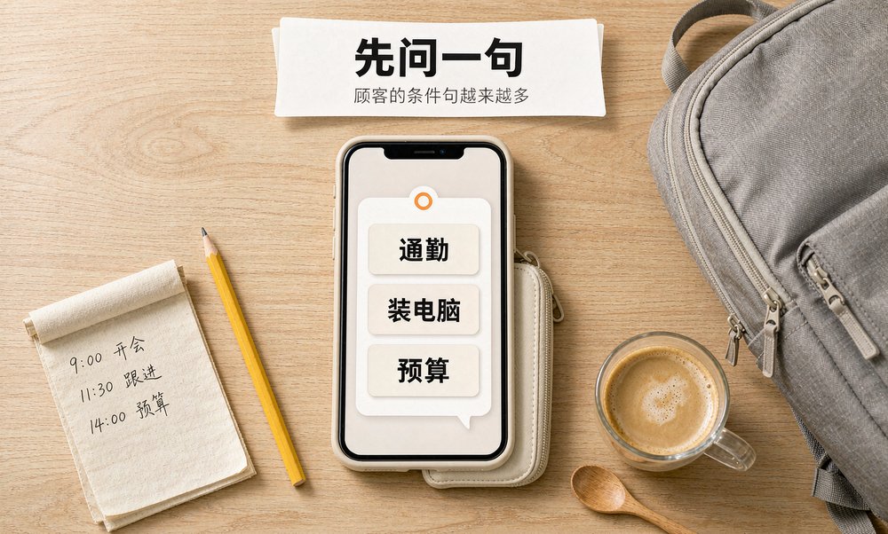 电商运营者把顾客的条件句写在便签上,手机对话框正按通勤、装电脑、预算这些条件筛商品