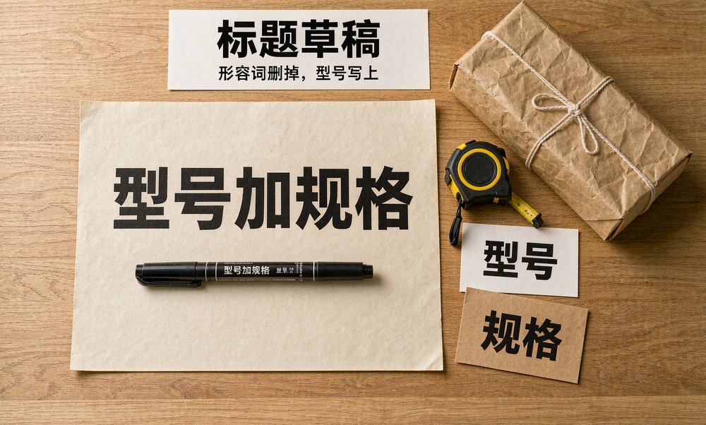 商家在桌前整理商品标题草稿,把形容词删掉、换成型号与规格