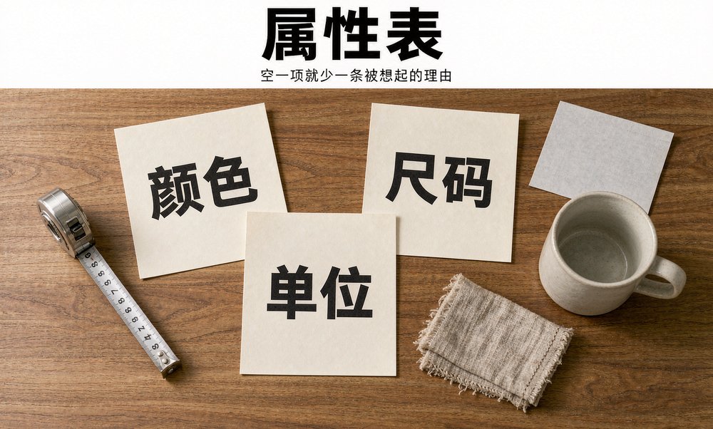 写清颜色、尺码、单位的属性表卡片平铺在桌上,这是商品被 AI 读懂的基础