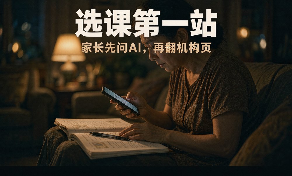夜里家长在客厅用手机问孩子课程怎么选，练习册摊在扶手上，对话框成了选课第一站