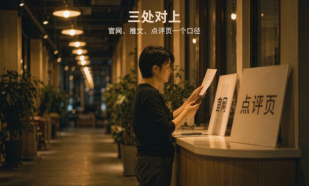 家长在前台拿手机对照课程说明单，官网、推文与点评页的说法需要对上