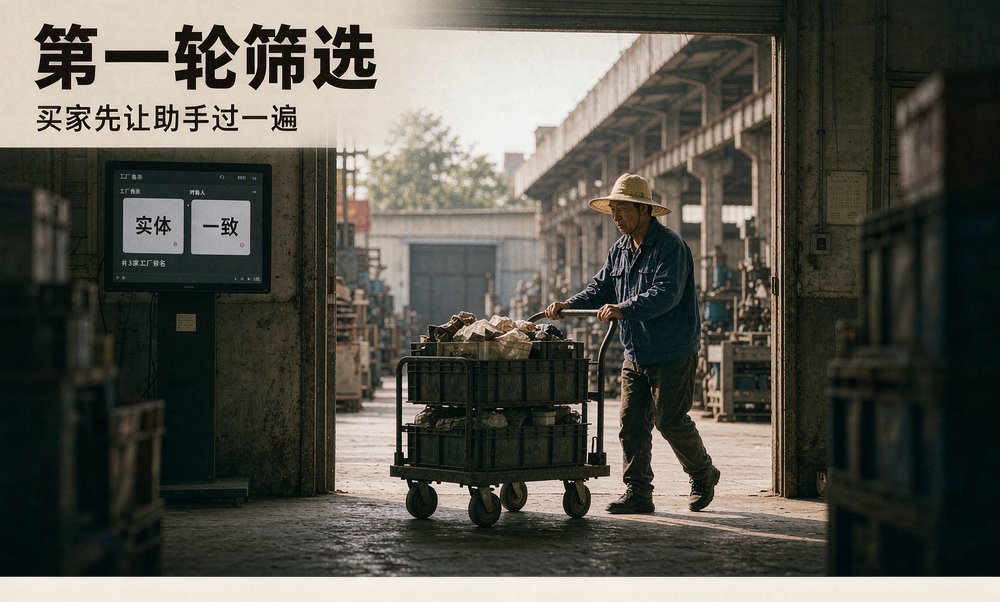 出口厂的工人推着样品车走出车间,买家的第一轮供应商筛选已经交给 AI 采购助手