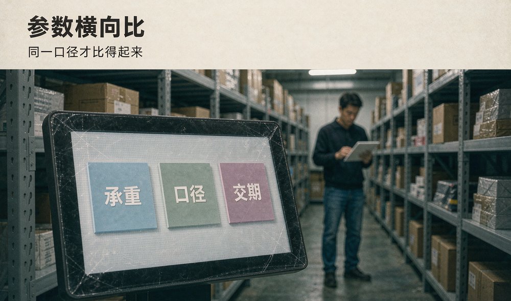 采购人员在仓库里核对承重、口径、交期,参数同一口径才比得起来