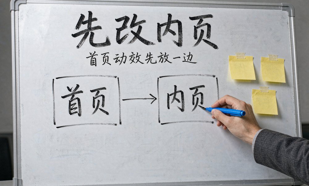 团队在会议室白板上先理清首页与内页的关系，这次改版从内页动手