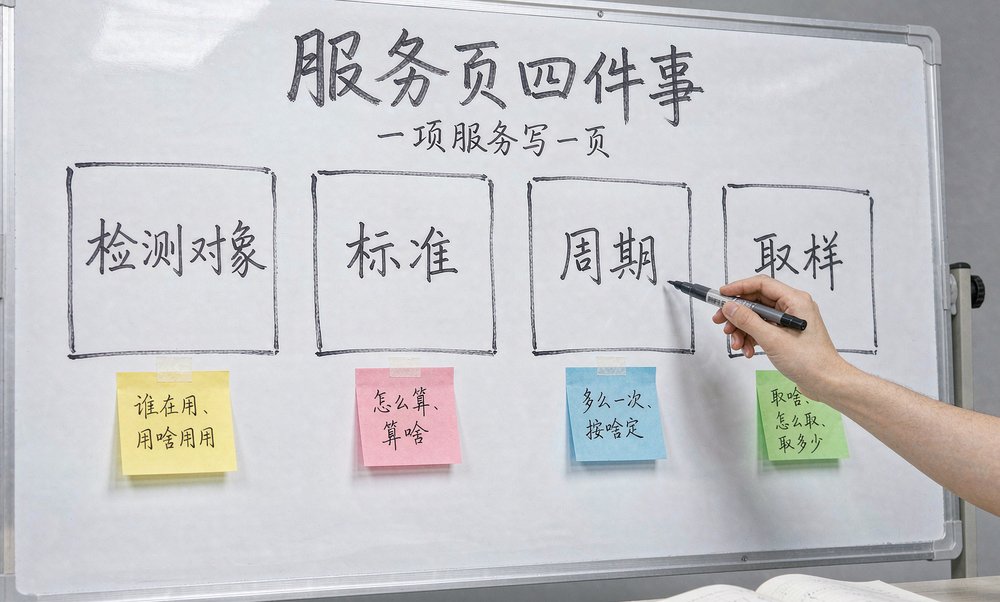 检测机构把服务页拆成检测对象、标准、周期、取样四块，一项服务写一页