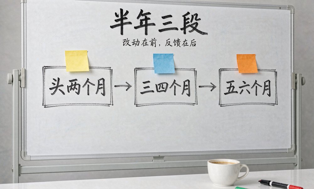白板上的时间线把半年分成三段，改动在前，反馈在后