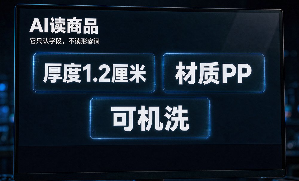 电商运营在屏幕前查看商品字段，AI购物入口只认规格不认形容词