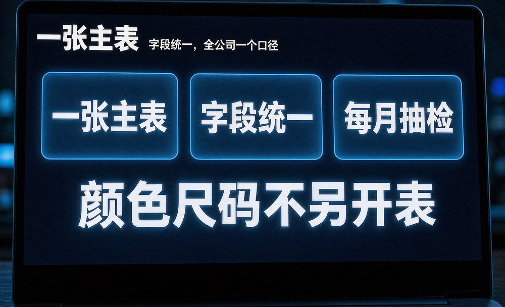 运营主管在笔记本电脑上核对商品主表字段，全公司统一一个口径