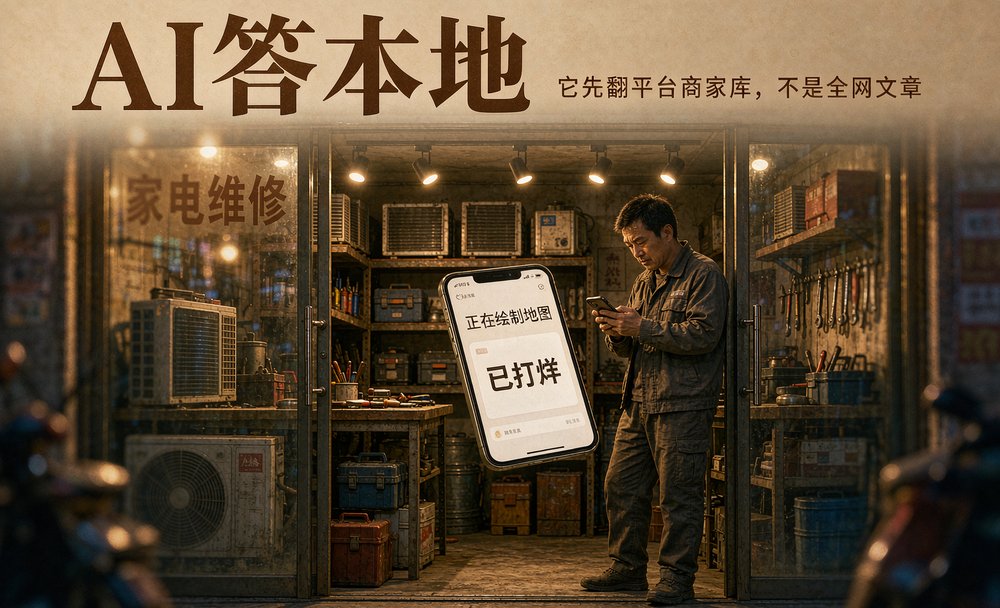 家电维修店师傅在店门口看AI给出的「已打烊」回答，平台资料里的营业时间没更新