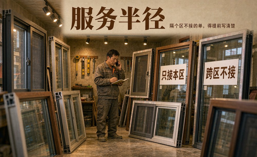 门窗安装店店主在样窗陈列区接电话记录，玻璃标签上写清了服务半径