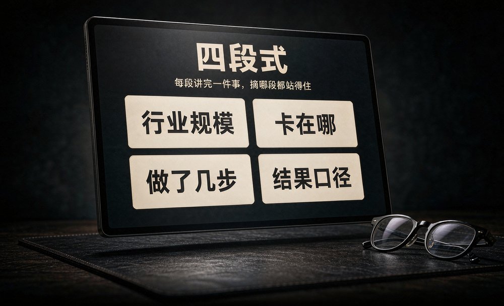 一段能被AI引用的案例，按行业规模、卡点、步骤、结果口径四段拆开
