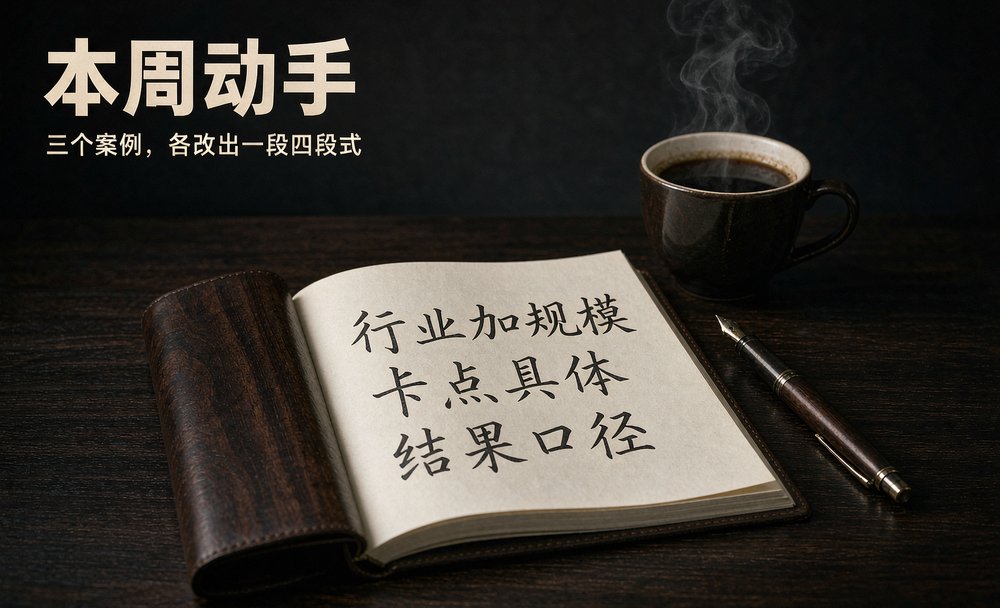 市场专员按四段式在笔记本上重写三个案例，先从行业加规模写起