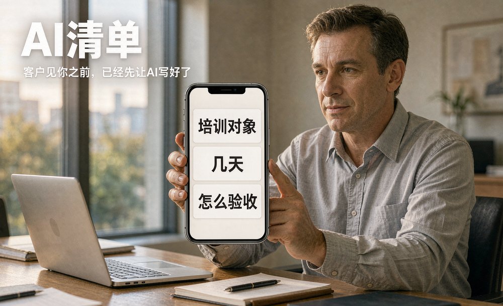 客户在洽谈室里展示AI生成的培训需求清单,培训对象与验收方式列得整齐