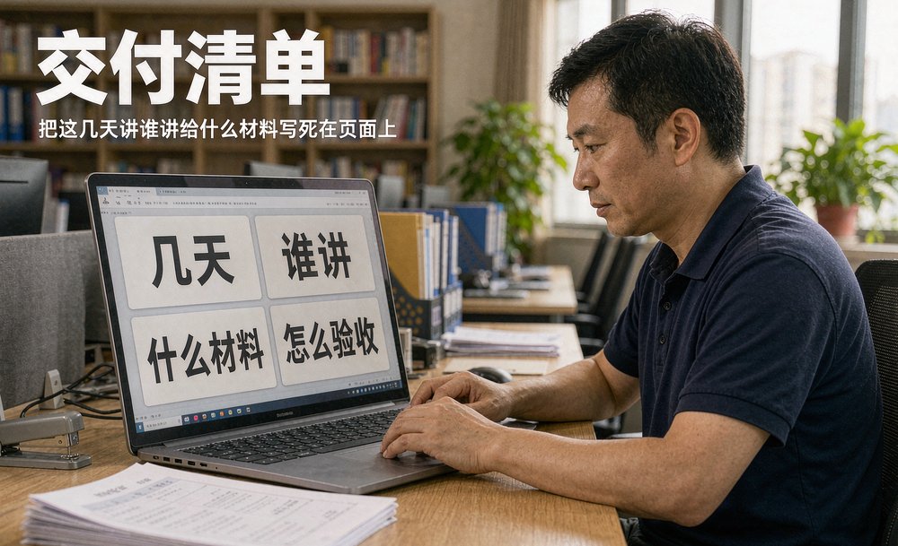 内训机构销售负责人把课程页的交付清单逐项补进电脑