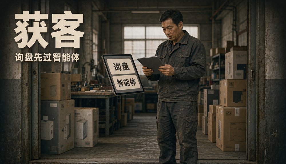 厦门海沧一家卫浴工厂的负责人,在车间门口查看 AI 采购助手转来的卫浴询盘