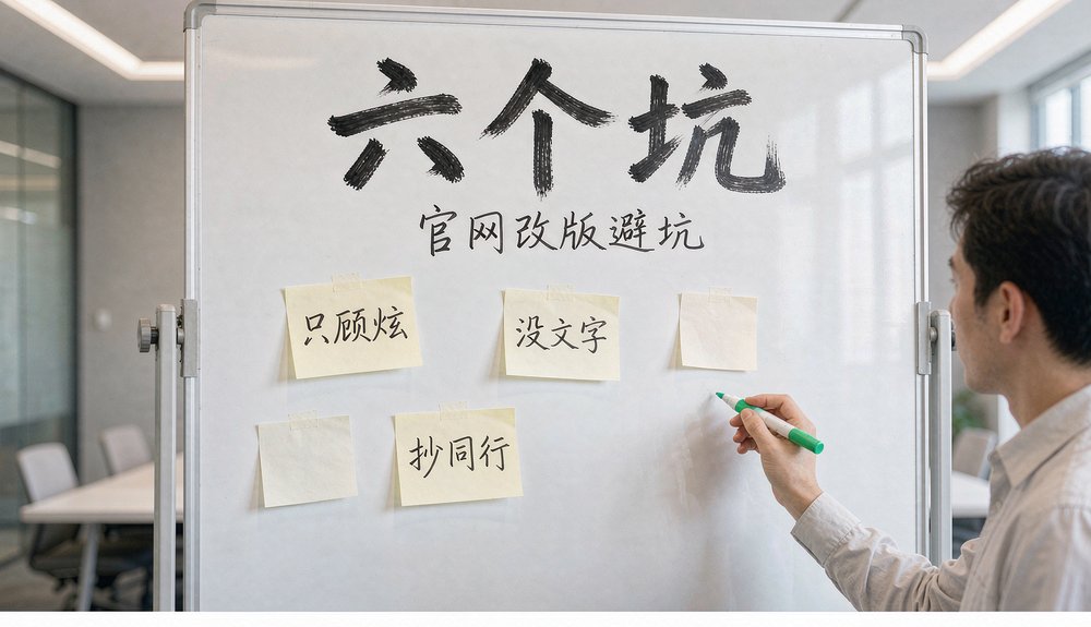 顾问在白板上把企业官网改版最常见的坑一条条列出来