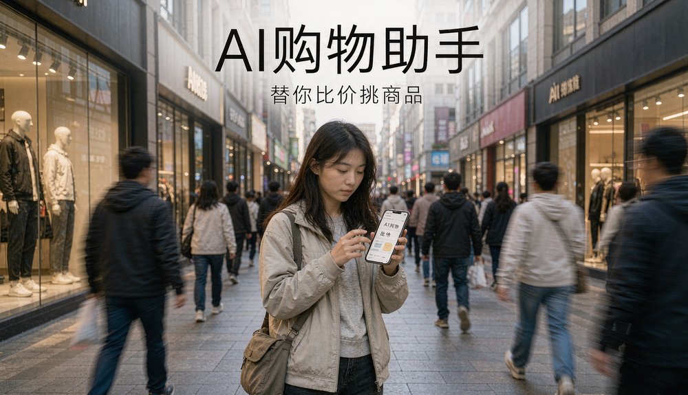 一位消费者在商业街上用 AI 购物助手比价挑商品