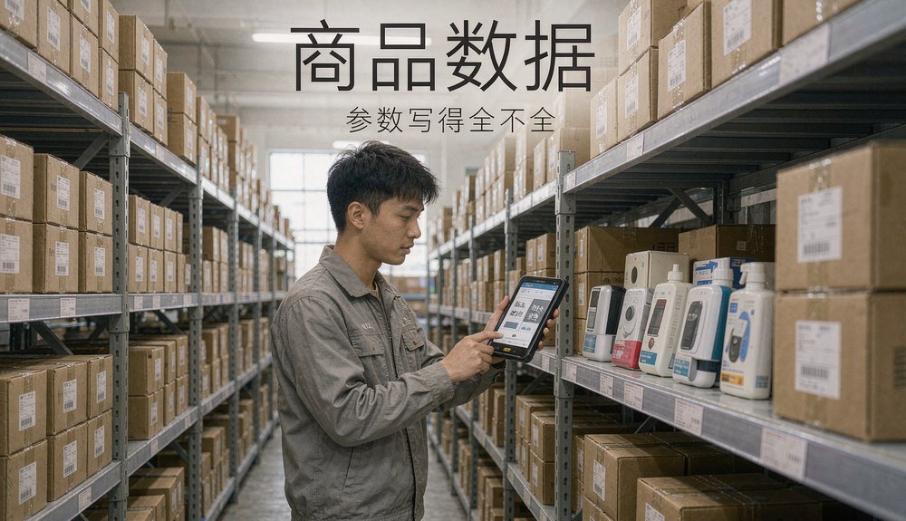 电商仓库里，店员核对商品参数信息写得全不全