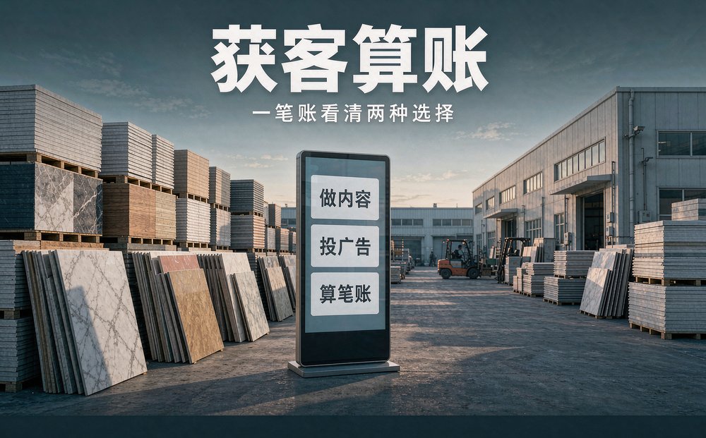 闽侯建材厂的板材堆场前,立屏摆着获客算账三张卡片,做内容还是投广告一目了然