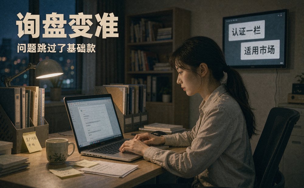 外贸业务员傍晚回复询盘邮件，墙上小屏提示认证一栏和适用市场