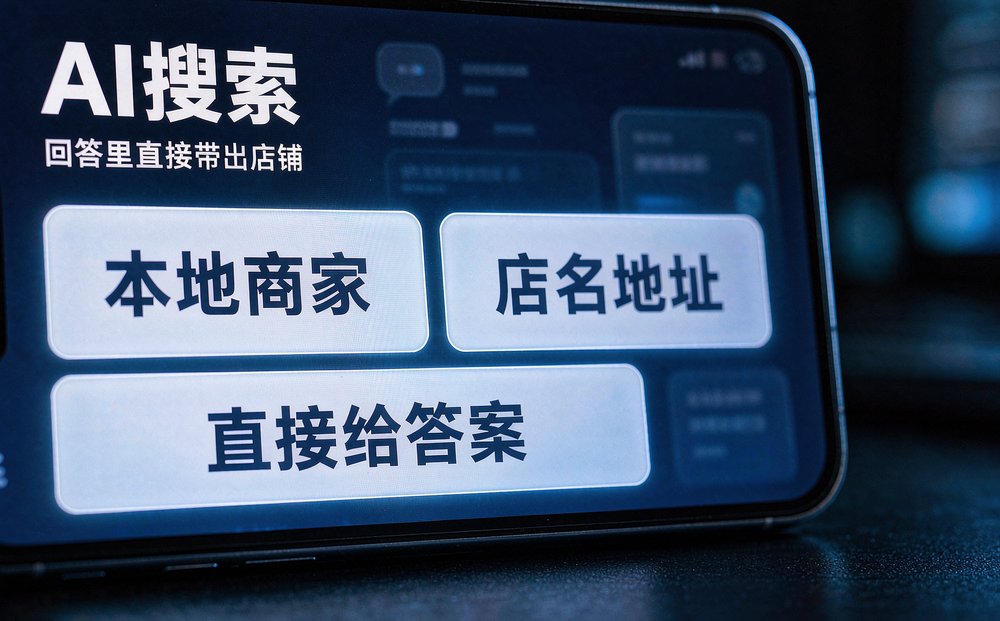 店主用手机问 AI，回答里直接带出本地商家的店名地址