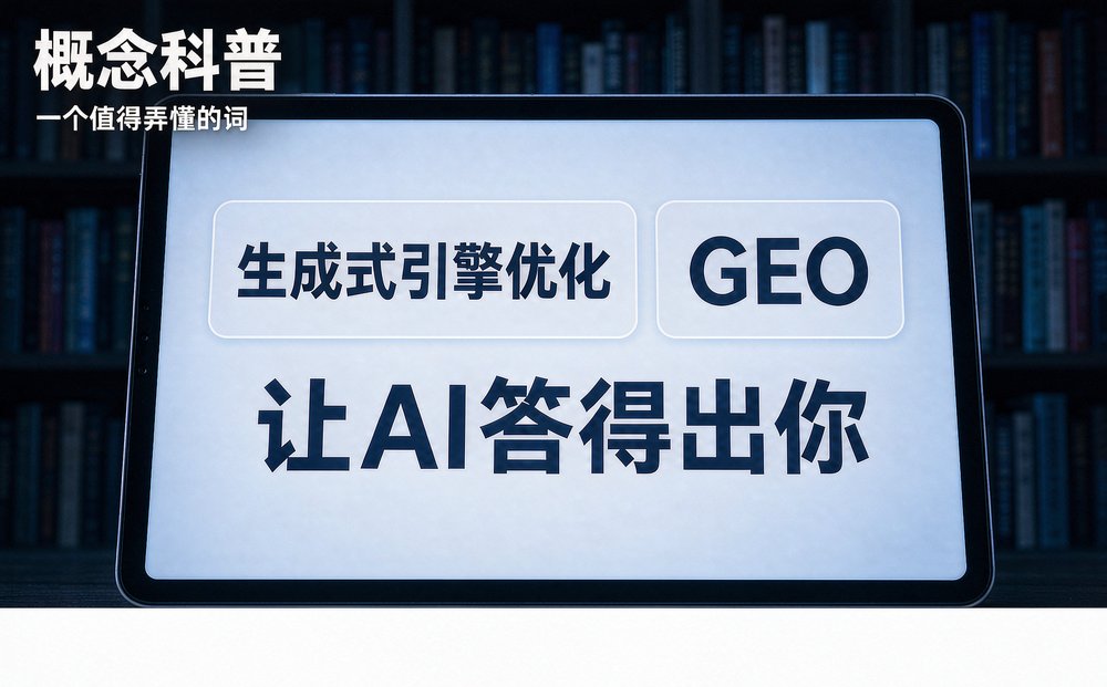 平板屏幕上写着生成式引擎优化（GEO），让 AI 答得出你